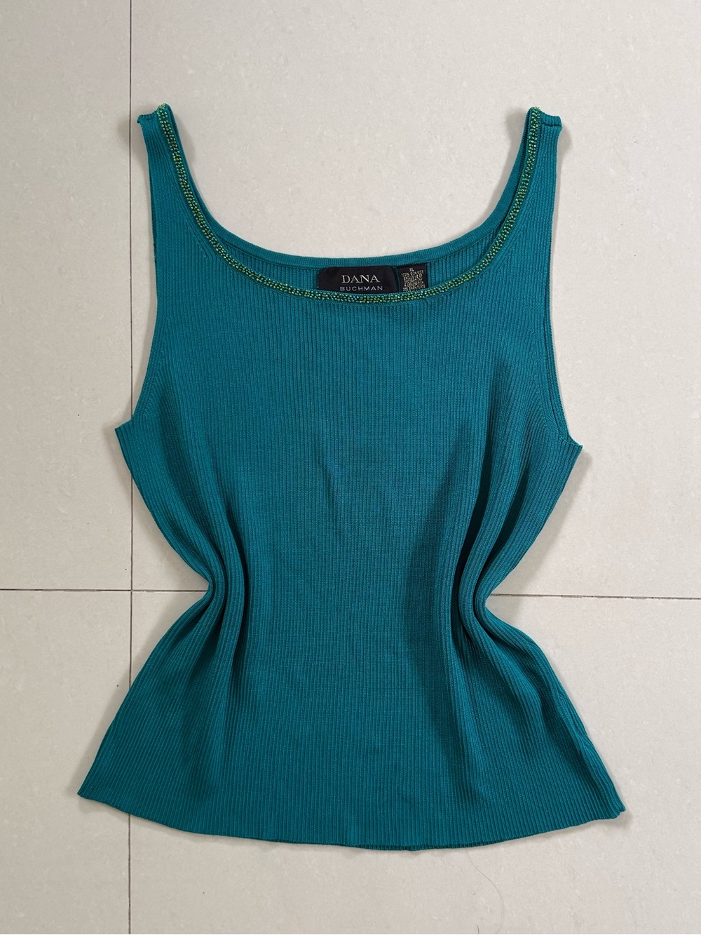 Dana Buchman 100% Silk Teal Ribbed Scoop Neck Tank with Beaded Trim